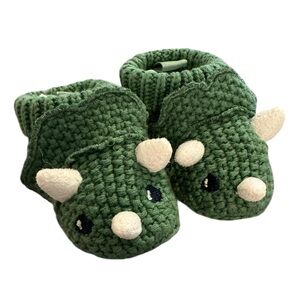 Super Cute Green Dinosaur—Triceratops Knit Bootie/Slippers. Size 0–3 Months.